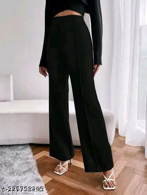 Solid black cotton blend high waist flare leg pants, formal trousers for women and girls