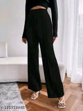 Solid black cotton blend high waist flare leg pants, formal trousers for women and girls