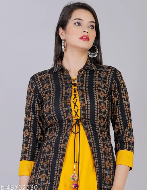 Rayon RAJAIPURI Printed Women's Anarkali Kurta & Jacket, single-color combo, three-quarter sleeve, soft cotton blend fabric, designer outfit with attached brooch. Indian handcraft on display stand