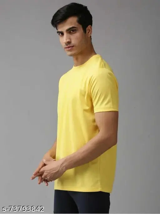 Yellow micro polyester sports casual t-shirt for men, soft round neck with half sleeves
