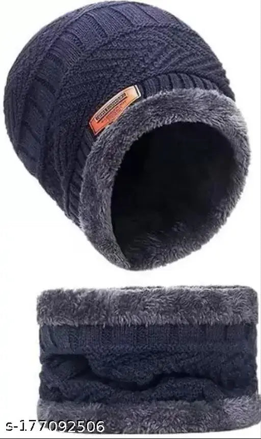 Winter woolen cap with warmer, adjustable drawstring
