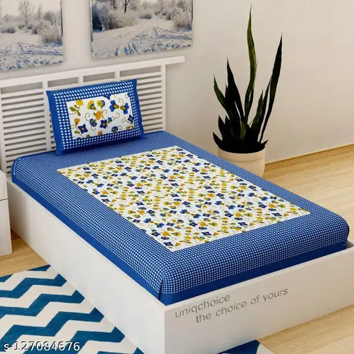 Blue 100% cotton Jaipuri single bedsheet with 1 pillow cover, featuring floral design for summer. Ideal for adult use, available in various sizes including Single Bed. Made in India