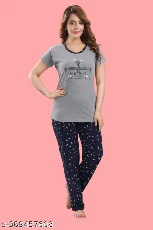 Grey summer sell nightsuit set for women & girls, 100% cotton hosiery pyjamas with printed net pattern, perfect for daily use and comfortable sleepwear