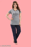 Grey summer sell nightsuit set for women & girls, 100% cotton hosiery pyjamas with printed net pattern, perfect for daily use and comfortable sleepwear