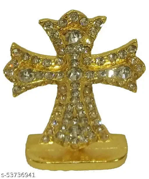 Gold metal Holy Cross Idol, Christian Jesus Christ cross decorative showpiece for car or office table - 7cm (Indian origin)