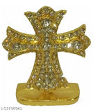 Gold metal Holy Cross Idol, Christian Jesus Christ cross decorative showpiece for car or office table - 7cm (Indian origin)