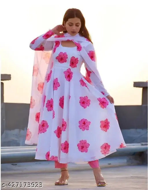 Georgette floral printed Indian wedding gown (S-XXXXL), hand-washable, suitable for functions and daily wear