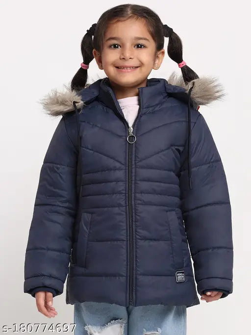 Navy blue winter coat with fur trim and full sleeves