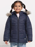 Navy blue winter coat with fur trim and full sleeves