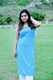Blue rayon sleeveless kurta by Sakha Creation, printed with vibrant design, round neck, straight silhouette on display