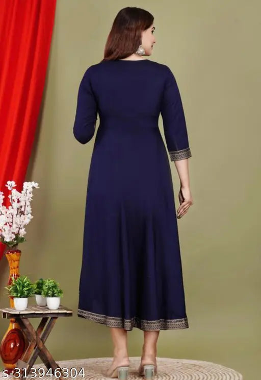 Dark blue, embroidered, long-length dress with straight neckline and three-quarter length sleeves