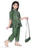 Rayon festive Kurta set with hand bag for girls, printed A-line top and salwar bottom in Indian ethnic style