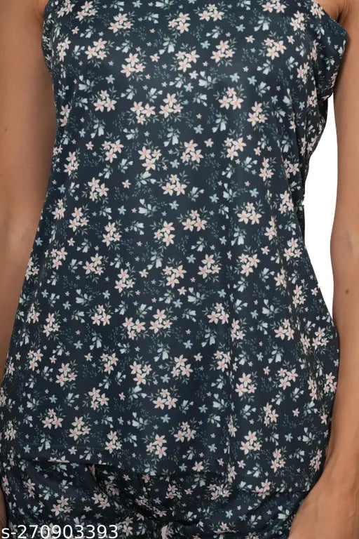 Navy Blue Poly Silk Sleepwear Set - Sleeveless Tank Top & Shorts with Printed Net Pattern for Women, High-quality materials for durability