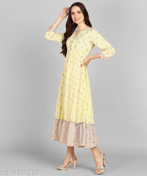 Light yellow printed A-Line Kurta for women, cotton blend with 3/4 sleeves and zari work, India