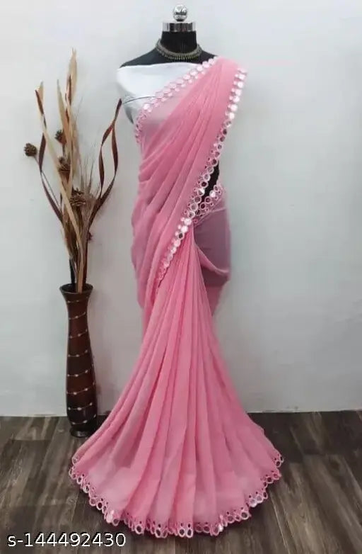 Pink Georgette saree with mirror work and blouse piece