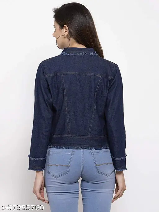 Dark blue denim women's ruff look jacket, full sleeves, shank buttons, chest pockets with buttoned flaps