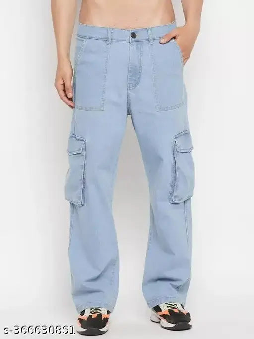 Light blue denim cargo jeans for men by Lahaba, featuring baggy pockets and six pockets