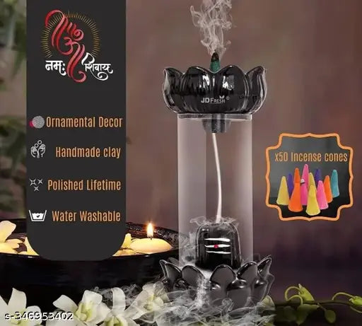 Glass black Shiva Linga backflow incense burner set with 51 cones, home decor item for meditation and relaxation