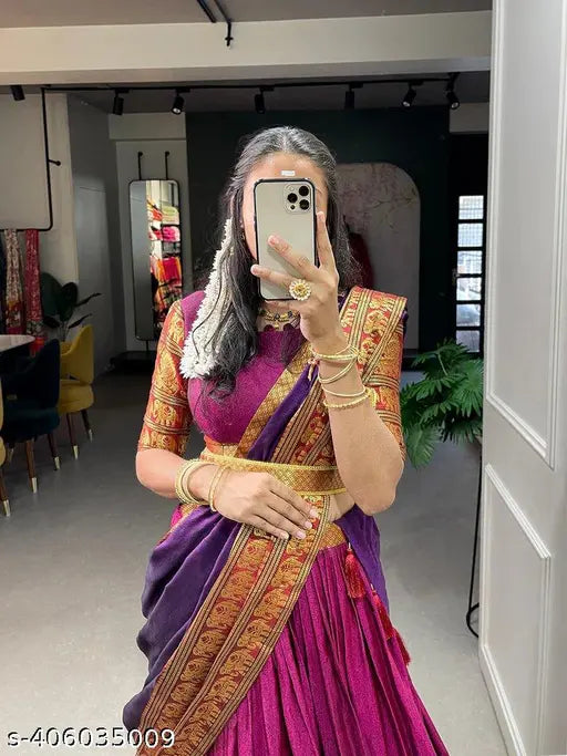 South Indian Silk Blend Lehenga Dhavani (unstitched), free size, solid kalamkari pattern in long-sleeved design, Narayanpet girls' lehenga online