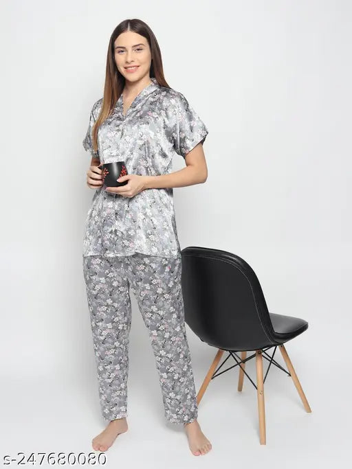 Floral print satin night suit set, short sleeves, V-neck with button closure, for girls' loungewear or home day-wear
