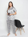 Floral print satin night suit set, short sleeves, V-neck with button closure, for girls' loungewear or home day-wear