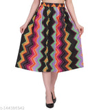 Multi-colored polyester calf length skirt with elasticated belt, printed crepe pattern for women, size 30 inches, India origin
