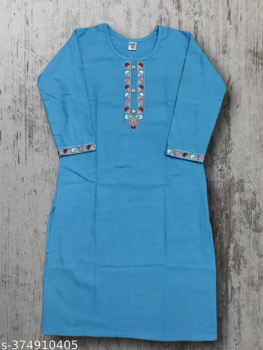 Blue wool three-quarter sleeve embroidered kurta for women, end-sleeved, garam design