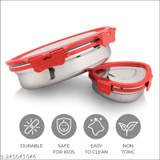 VIRTUE Stainless Steel Ovel Lunch Box Air Tight Container lids & Leakage Proof Tiffin Box For School /Office / Tiffin Box With Container / Steel Tiffin Box / Steel Lunch Box( RED/BLUE/PINK/BROWN) 850 ml X 200 ml
