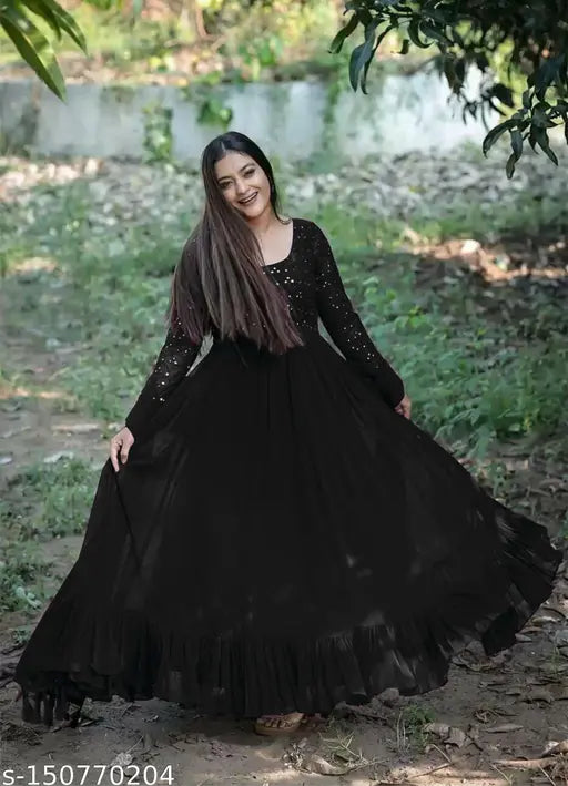 Olny royal embroidered Georgette blend flared gown with long sleeves, suitable for party wear, wedding wear, festival wear. Embellished net, full stitched ready-to-wear, hand wash, fits bust sizes 36in - 44in, India origin