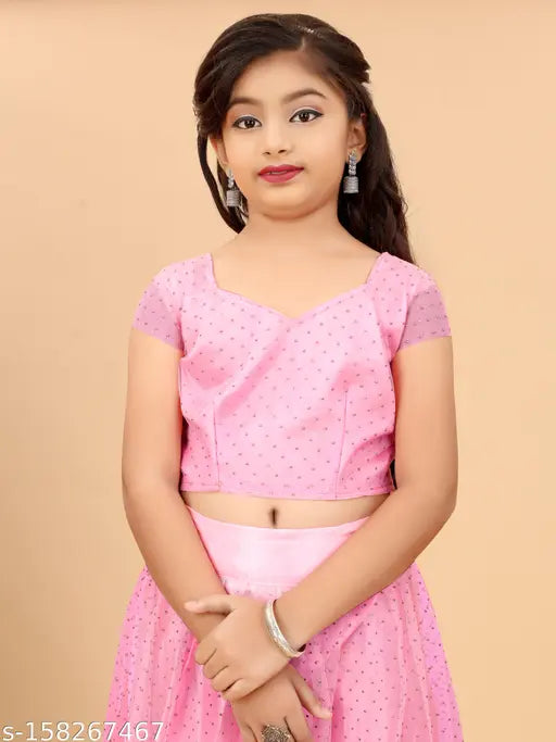 Embellished net lehenga choli set for girls aged 7-15 years, solid micro dupatta and short sleeves, Indian handcrafted