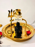 Black marble Shivling and brass trishul, Shivalingam idol for temple worship. Dimensions: 14cm (L) x 12cm (H) x 14cm (B). Indian origin