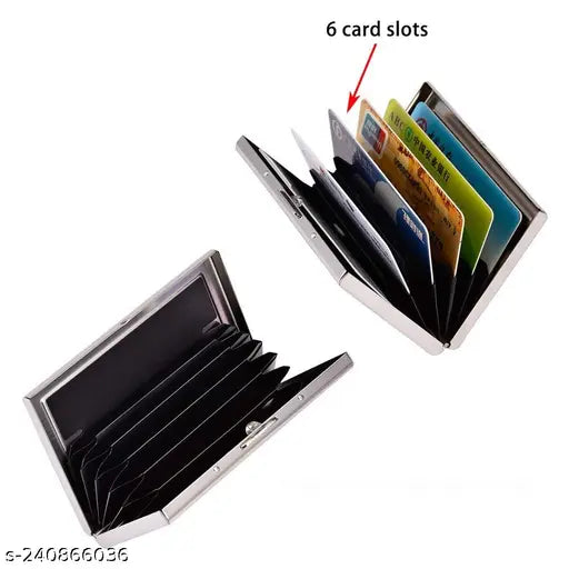 Stainless steel, leather wallet with 5 compartments for credit/debit cards, solid construction, slim design, ultimate card protection, made in India