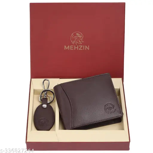 Brown genuine leather RFID wallet with keychain & 9 card slots, sleek for men formal events