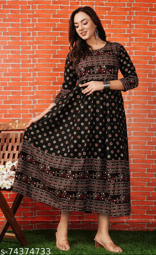 Embroidered rayon Anarkali kurtis for women - three-quarter sleeves, suitable for office or casual wear, Indian-origin design