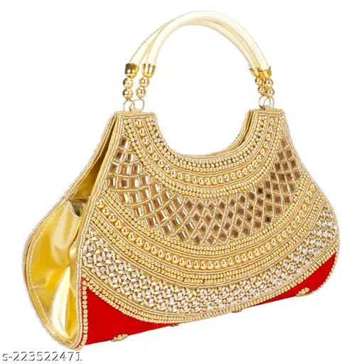 Red and gold metallic beaded clutch with gold trim