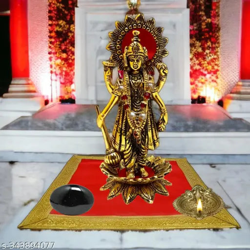 Handcrafted Oxidized White Metal Embossed Golden Statue of Standing Lord Vishnu/Narayan on Lotus, intricate detailing, perfect for worship or home decor