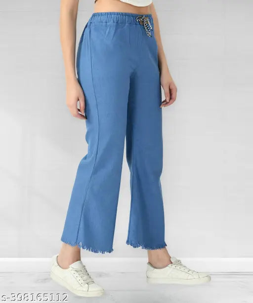 Light blue stretchable premium denim flared jeans, elastic waist, ankle cuff