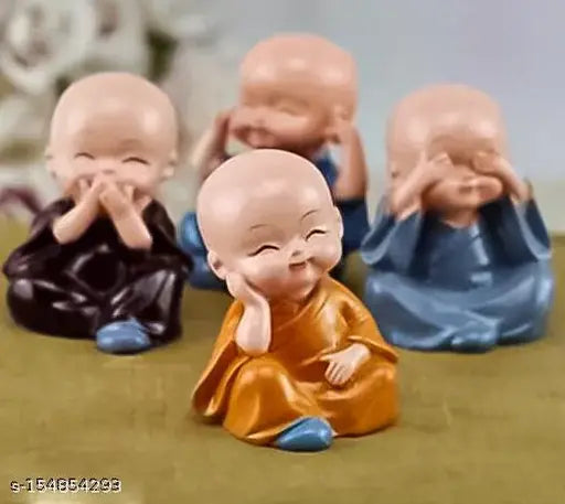 Handcrafted miniature baby monk Buddha figurines, set of 4 for car dashboard or home décor, Indian art craft