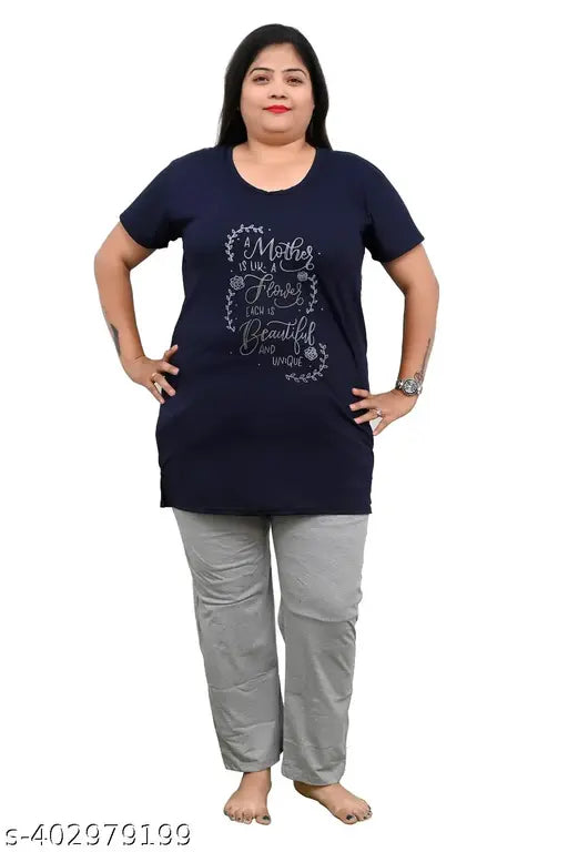 Cotton blend Lucid Dreams long T-shirt and pajama set with printed net pattern for a cozy sleepwear set (N-4XL)