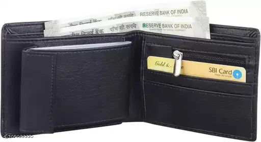 Brown PU leather bi-fold wallet for men. Solid design, ultra-slim, perfect for daily use. Features 2 compartments, coin pocket, and ample card storage