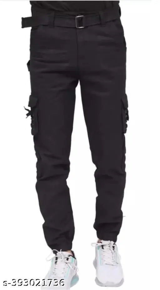 Black cotton blend cargo jeans for men, solid net design, size 28, 30, 32, 34 from India