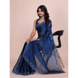 Blue Jimmy choo embellished Bollywood saree with unstitched blouse, 5.5Mtr length on mannequin