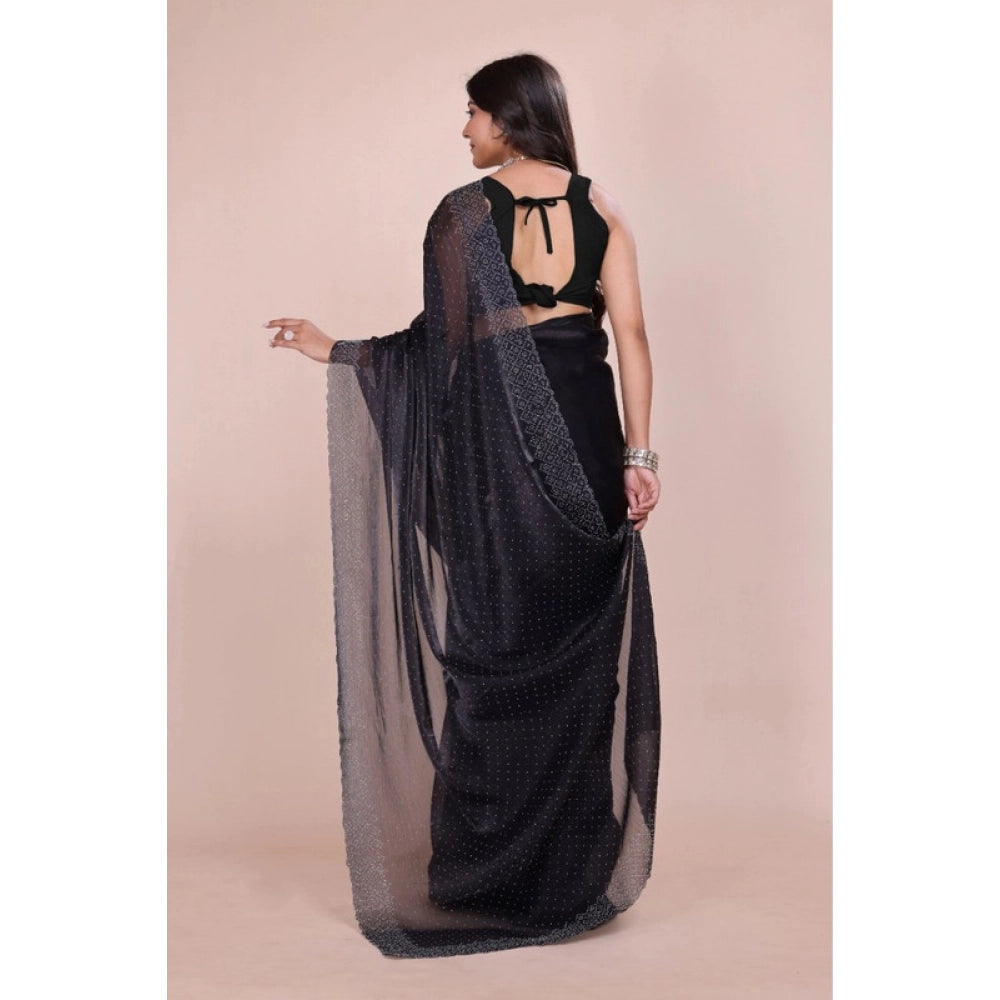 Black embellished Jimmy choo Bollywood saree with unstitched blouse, 5.5mtr. Fashionable Indian women's wear on display