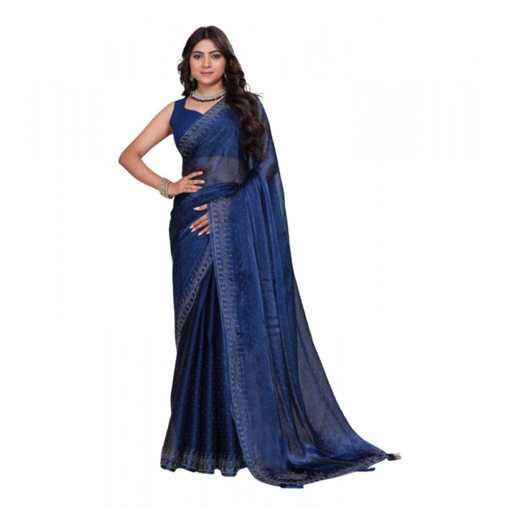 Blue embellished Bollywood saree with unstitched blouse, shimmering fabric.