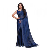 Blue embellished Bollywood saree with unstitched blouse, shimmering fabric.