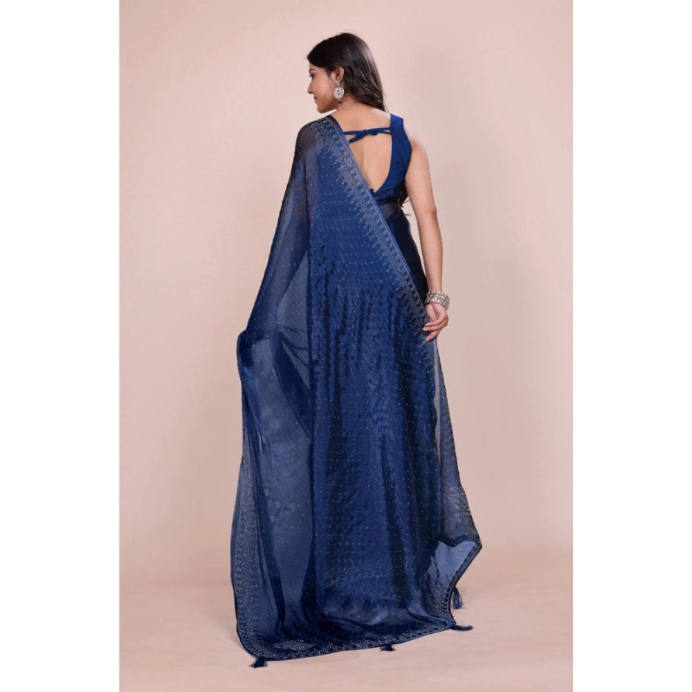 Blue embellished Bollywood saree with unstitched blouse. Silk fabric, 5.5mtr length.