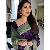 Purple Litchi silk printed saree with unstitched blouse - casual Indian wear