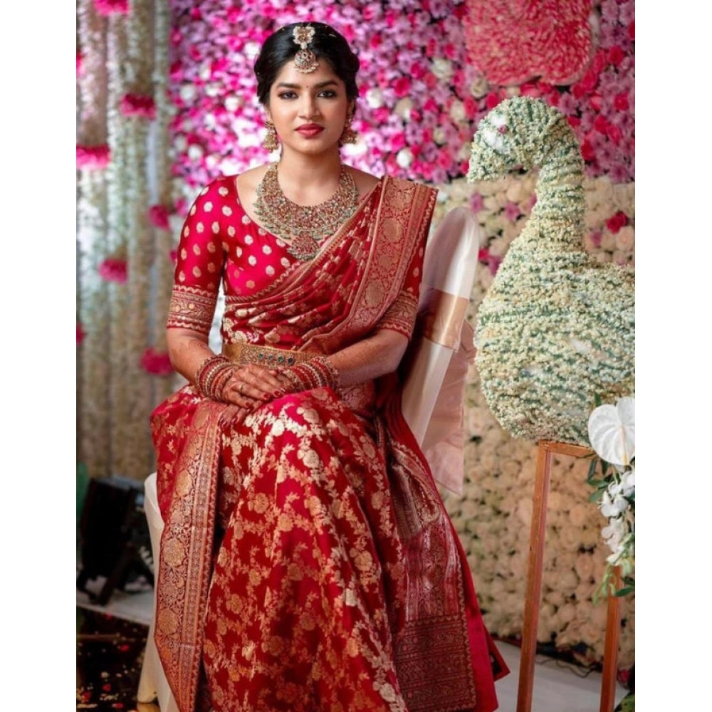 Red litchi silk printed saree with unstitched blouse for casual occasions