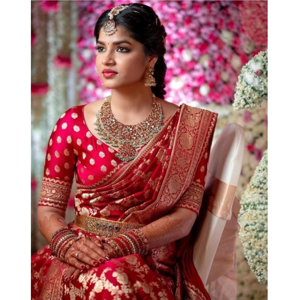 Red litchi silk printed saree with unstitched blouse for casual events