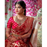 Red litchi silk printed saree with unstitched blouse for casual events